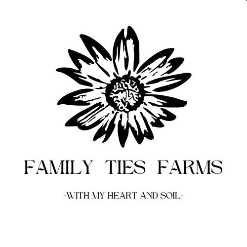 Black and white logo of Family Ties Farms with a sunflower design on a white background.